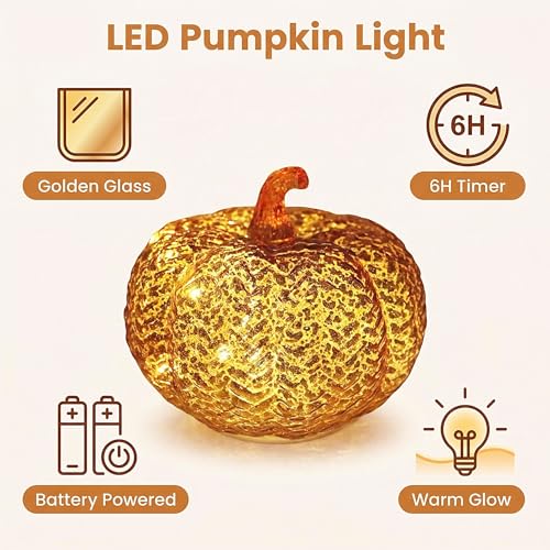 Mercury Glass Pumpkin Lights with Timer - Fall Decorations for Home - Orange