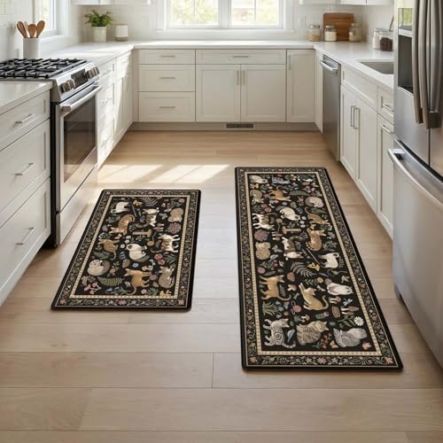 Anti-Fatigue Cat Kitchen Rug Mat Set - Vintage Black Non-Slip Waterproof Memory Foam
