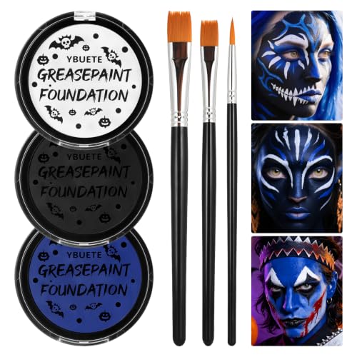 Face Paint Kit Oil Based Halloween Makeup Set with Brushes - Blue, Black, White