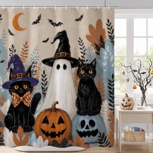 Ghost Black Cat Halloween Shower Curtain 72x72 Inch - Waterproof & Durable Fabric