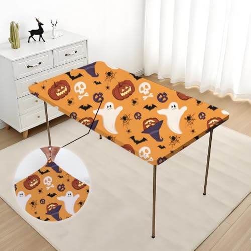 Halloween Fitted Tablecloth 24 x 48 Inch - Pumpkin Ghost Witch Hat Spider Bat Variation