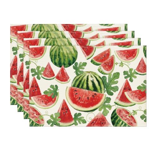 Watermelon Fruit Summer Placemats Set of 4 - 12x18 Inch Rectangular Red Table Mats for Dining & Party
