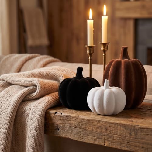Flocked Velvet Finish Pumpkin Decor Set - White, Brown & Black Resin, 3pcs - Thanksgiving & Fall Home Decor