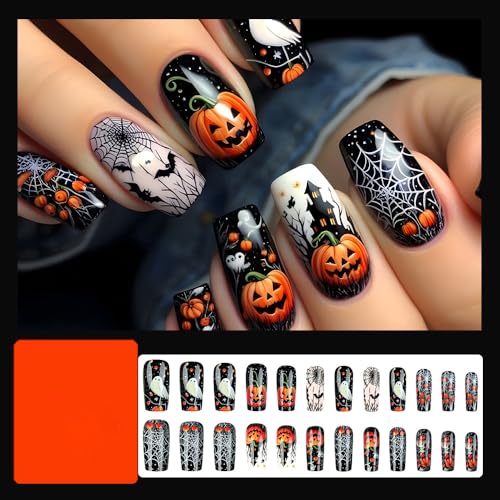 Halloween Fake Nails Press On Nails V2 - Spider Web Ghost Bat Design, Medium Square Full Cover Glossy Acrylic, 24 Pack