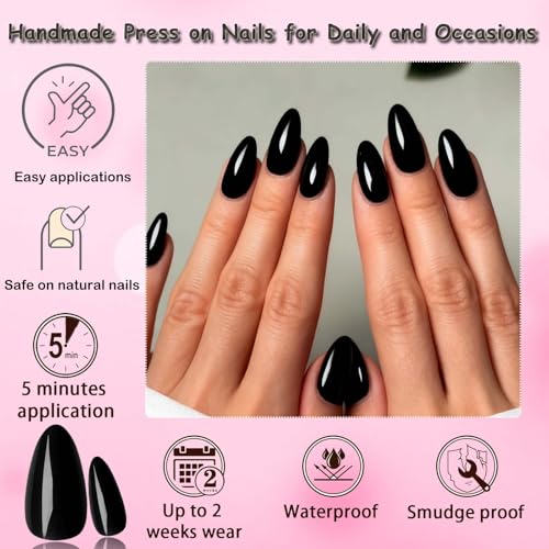 Black Almond Press-On Nails Set - Short Stiletto Fake Nail Tips for Manicure