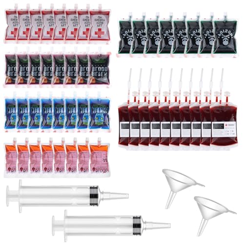 Halloween Blood Bag Drink Set - 50 Reusable 10oz IV Style Party Favors with Syringe & Funnel - Style1