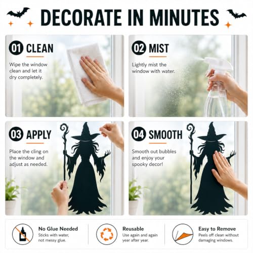 KRZKRZ Witch Bat Decals for Glass Halloween Window Clings - Large Set