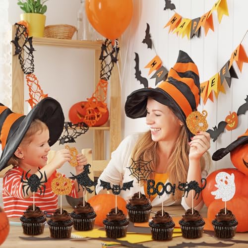 Halloween Cupcake Toppers Glitter Spooky Witch Black 48 Pcs Lel-55 Party Decorations