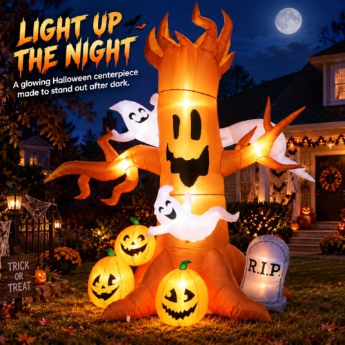8FT Halloween Inflatable Ghost Tree Decoration with Pumpkins and Tombstone