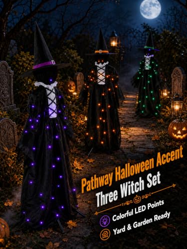 MCJC Halloween Witch Decorations Outdoor Set of 3 Light Up Stakes - Black