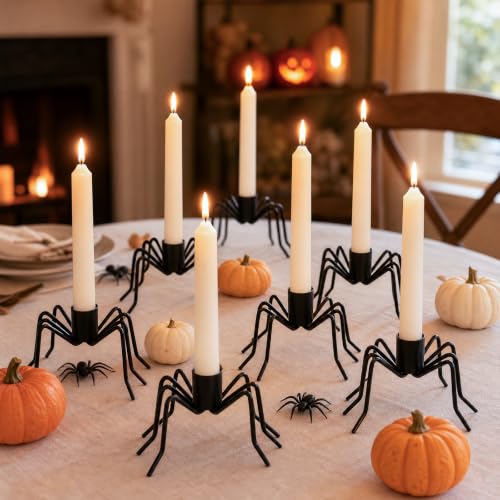 Set of 6 Halloween Spider Candle Holders - Metal Taper Candle Stands