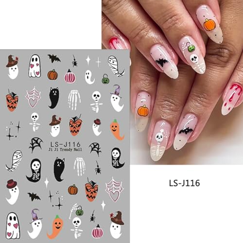 Halloween Ghost Nail Stickers - 3D Spider Bat Pumpkin Bone Design with Variation Flower Nail Stickers-3