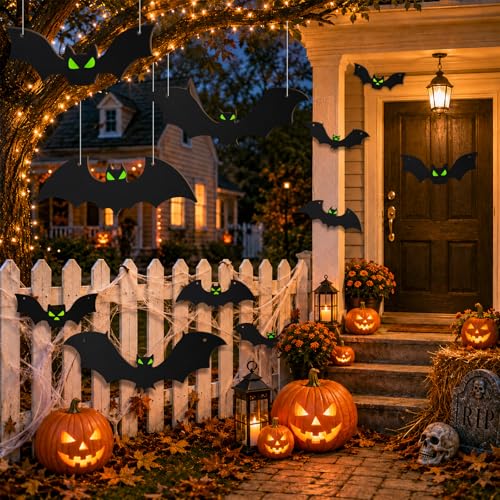 Halloween Bat Decorations Set with Glowing Eyes - 18 Pcs, Indoor Outdoor