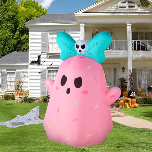 Pink Halloween Inflatable Ghost 5FT Tall with LED Lights & Bowknot - Outdoor Yard Decor