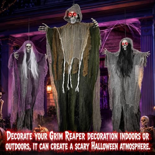 Grey Hanging Ghost Decorations Set - Spooky Halloween Skeleton & Ghost Decor with Glowing Eyes - 3PCS