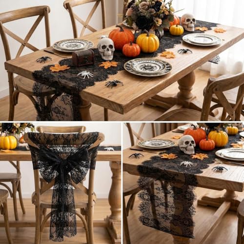 8pcs Halloween Black Lace Table Runners - Elegant Gothic Table Decor 14x120 Inch