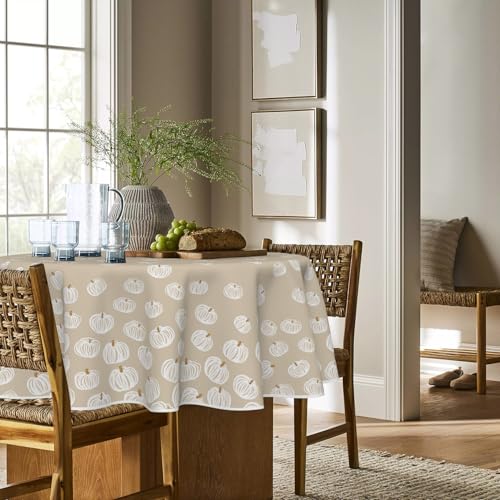 Horaldaily Fall Round Tablecloth 90 Inch Beige with Pumpkin Pattern