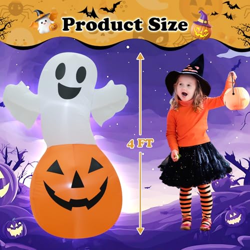 4FT White Ghost Pumpkin Inflatable Halloween Decoration with LED Lights - Trick or Treat