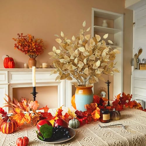 Artificial Fall Birch Leaves Stem - Light Brown 6 Pcs Faux Autumn Greenery, 33.4" Tall for Thanksgiving & Wedding Decor