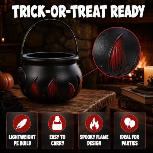 Halloween Plastic Cauldron Bucket - 8-Inch Witch Pot Candy Bowl for Trick or Treat