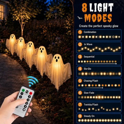 Set of 5 Halloween Lighted Ghost Stakes - Spooky Outdoor Yard Decorations with Remote Control & Timer - 17.7 Inch Glowing Ghost Pathway Lights