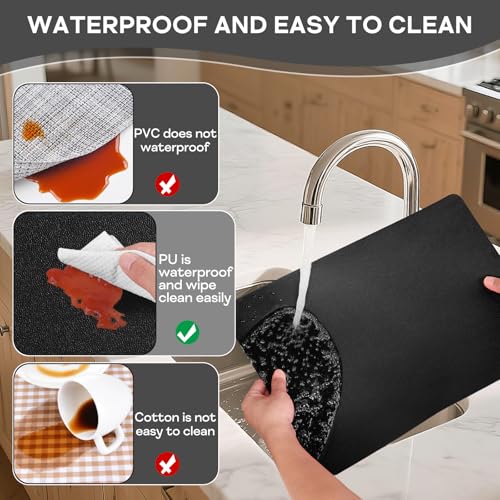 Black Vinyl Placemats Set of 6 - Waterproof & Heat Resistant Faux Leather