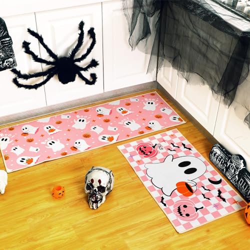 Halloween Ghost Kitchen Mat Set Pink Non Slip Rugs - Ghost / Pink Variation