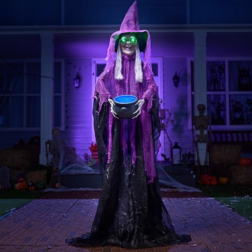 Fuchsia Halloween Standing Witch with Cauldron - Scary Ghost Decor with Sound & Lights