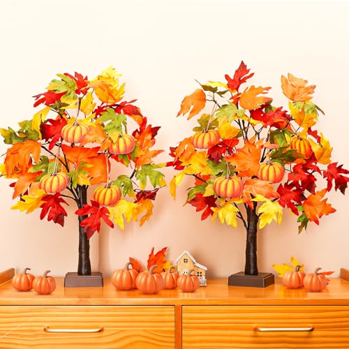 2 Pack 24-Inch Lighted Fall Maple Trees with Pumpkins - Indoor Halloween Thanksgiving Decor