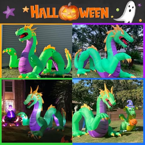 Giant Green Halloween Inflatable Dragon - 11ft Outdoor Yard Decorations with LED Lights