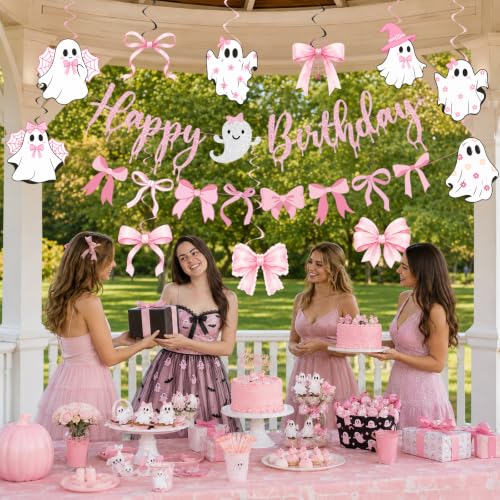 Pink Halloween Party Decorations Set with Banner and Ghost Hanging Swirls