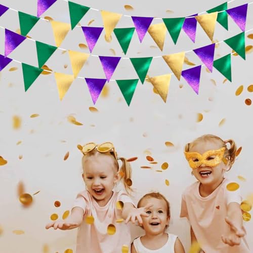 Green Purple Gold Glitter Fabric Bunting Banner - 39Ft Triangle Flags for Party Decorations