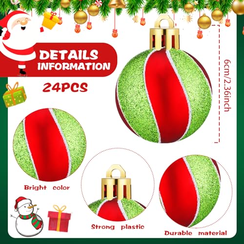 24 Pcs Christmas Ball Ornaments - Lime Green & Red Polka Dots & Stripes, 2.36 Inch Holiday Decorations with Ropes - Variation of 24