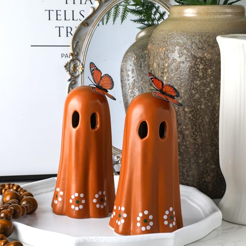 Mexican Ceramic Ghost Figurines Set - Day of the Dead Halloween Decor - 7 Inches