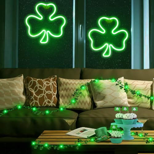 Shamrock Neon Lights - 2 Pack 11 Inch LED Clover Window Decor for St. Patrick's Day - USB Powered, Indoor Outdoor Wall Art (Variation: Shamrock)
