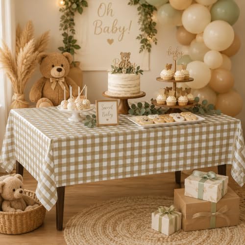 Khaki and White Gingham Tablecloth Set - 3 Pack 54x108 Inches for Parties & Events