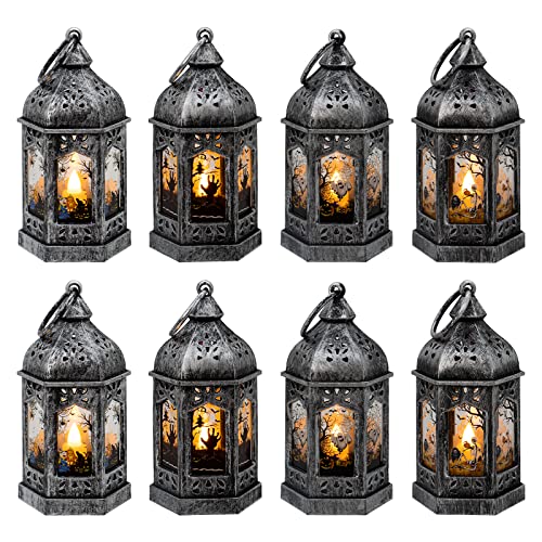 Silver-Hween 8-Pack Mini Lanterns with Halloween Pattern Glass & Flickering LED Candles