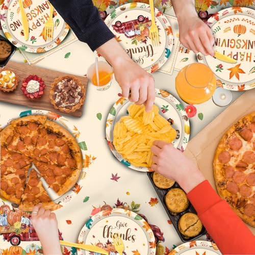 Thanksgiving Party Supplies 142pcs Fall Plates Napkins Cups Flatware Tableware Set - Happy Fall Maple Leaves & Banner, Autumn Decorations