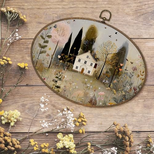 Oval Farmhouse Wall Art Decor - Rustic Botanical Canvas Print, House-A