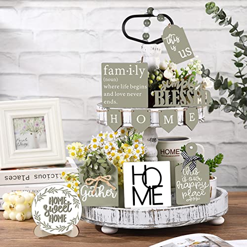 Two Tiered Tray with 11 Wooden Signs Decor - Stylish Style Variation