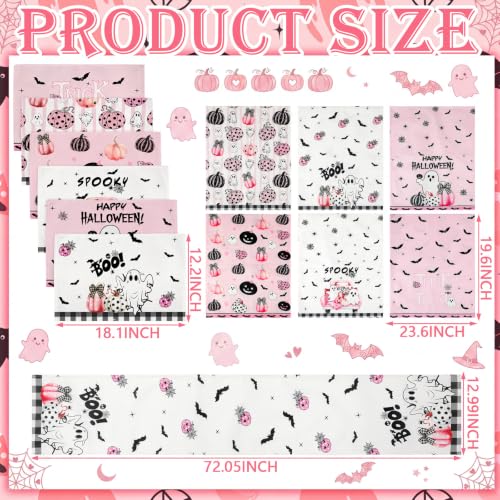 Pink Pumpkin Halloween Table Runner & Placemats Set - 13 Pcs Linen Decor