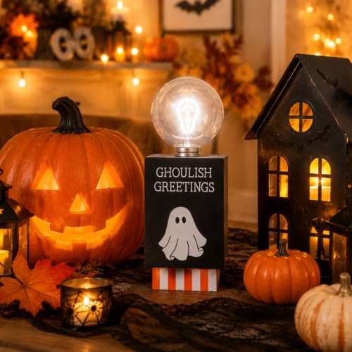 Halloween Indoor Light Up Ghost Sign - Black Halloween Desk Decor with Warm Globe Light