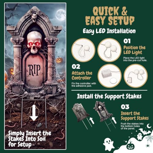 Halloween Tombstones Yard Signs with Stakes - 5 Pack, Glow-in-Dark Eyes, Realistic Haunted Cemetery Decor