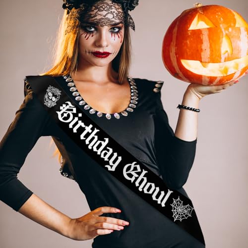 Halloween Birthday Sash with Glitter Lettering - Black Gothic Party Accessory