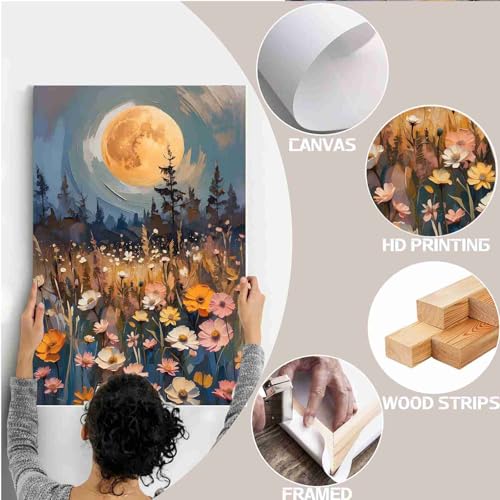 Wildflowers Wall Art Decor - Gothic Enchanted Full Moon Oil Painting Canvas - Framed 12x18in