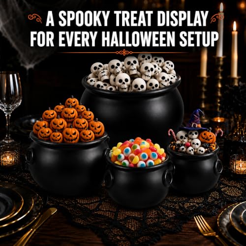 Black 4-Piece Halloween Witch Cauldron Bucket Set - 12, 10, 8 & 6 Inch Sizes