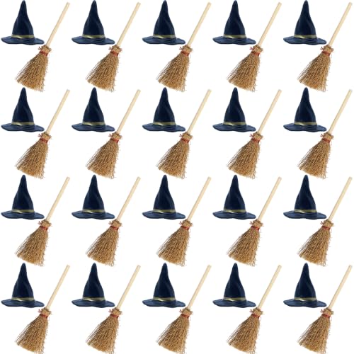 Miniature Witch Hat and Straw Broom Set for Halloween Crafts and Decorations - 40 Pieces