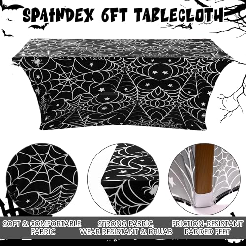 Halloween 2 Pack White and Black Spider Web Tablecloths - 6 ft Rectangular Spandex Table Cover for Parties & Events