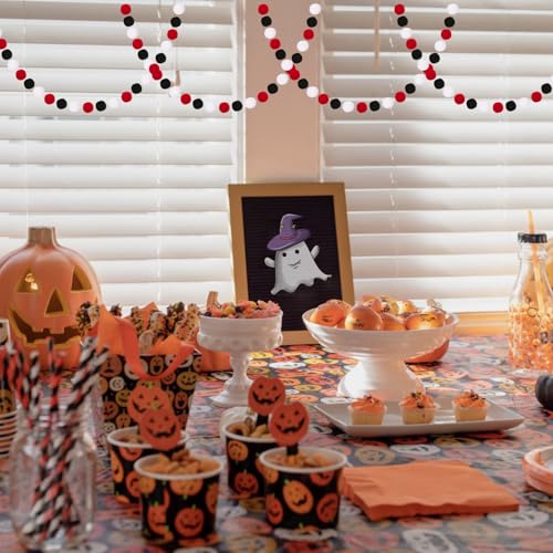 Colorful Felt Ball Garland 2 Pcs - Black White Red Halloween Decor, 8.2ft