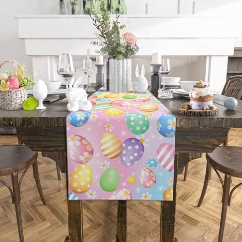 Easter Colorful Egg Table Runner 13x72 Inches Spring Flowers Cotton Linen Decor — Variation of Easter Eggjim5339